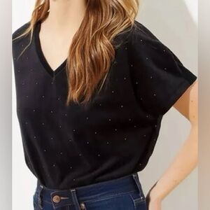 LOFT BLACK VELVET STUDDED TOP BLOUSE SHORT SLEEVE DOLMAN HI LO V NECK SIZE M $40